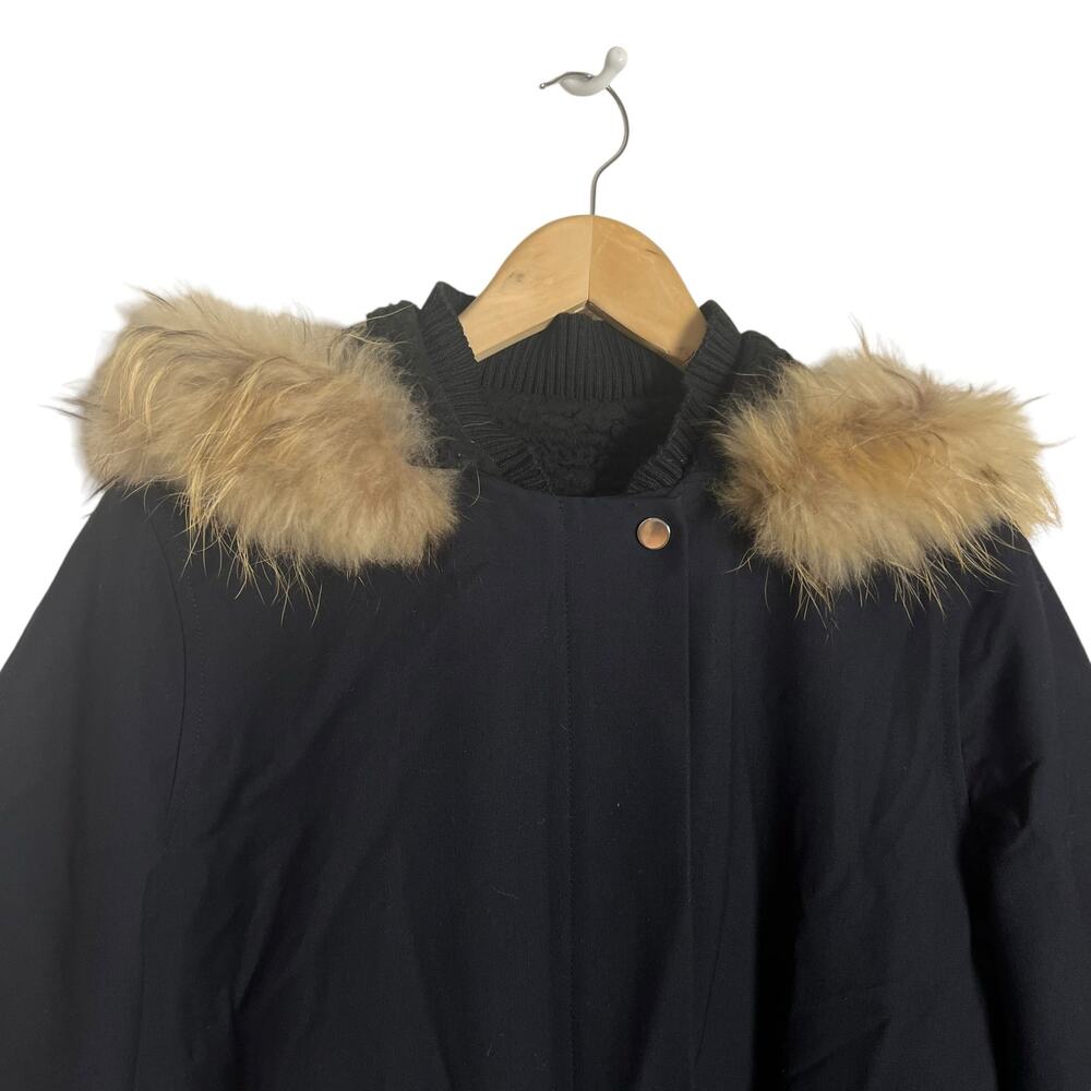 Maje Dark Blue Raccoon Fur Trim Hooded Sherpa Parka Coat Size Large - Picture 2 of 10